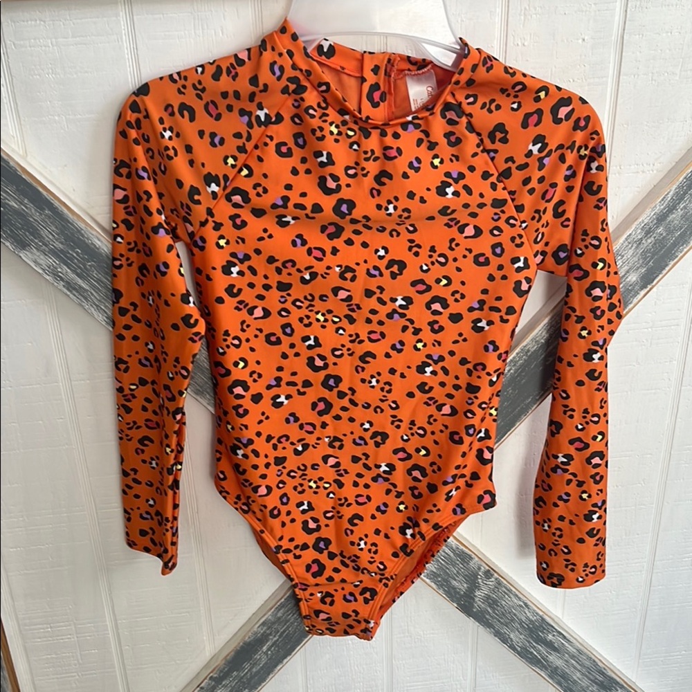 Cat & Jack Vibrant Orange Leopard One Piece Long Sleeve swim suit. NWOT